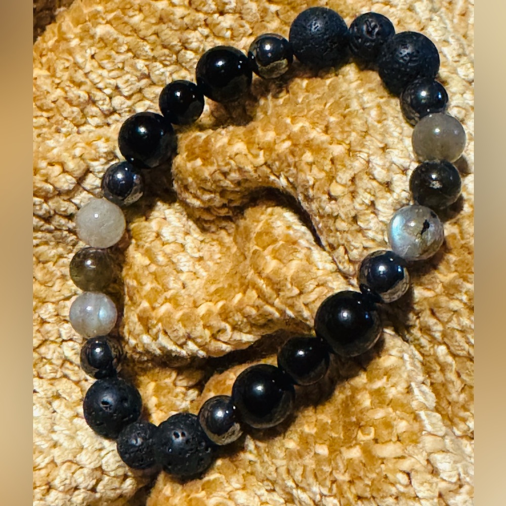 Natural Gemstone Bracelet Black Onyx, Hematite, Labradorite and Lava Stone